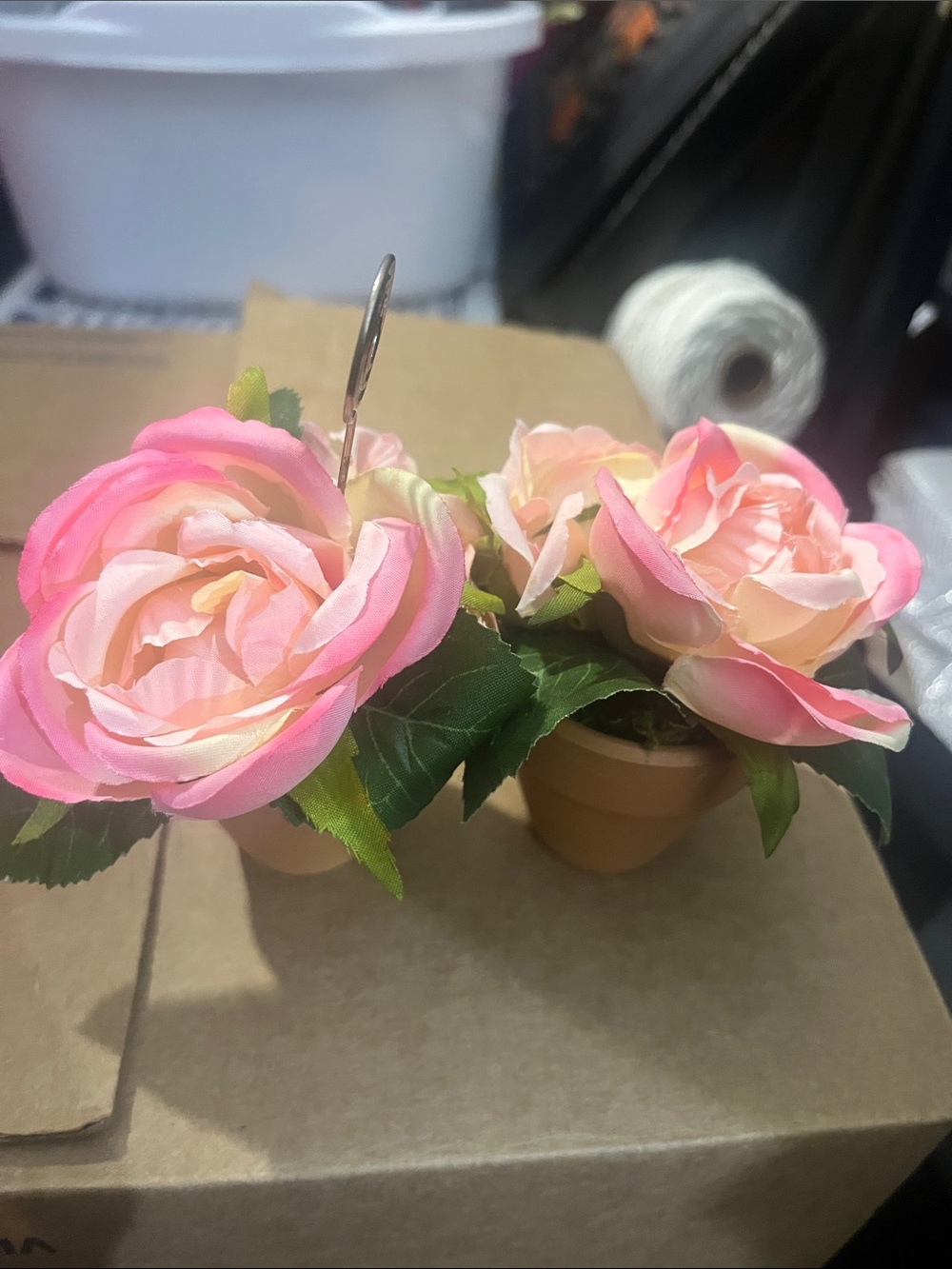 Pink Artificial Rose Mini Potted Arrangements- 2pc (1) Photo Holder (1) Deco 563